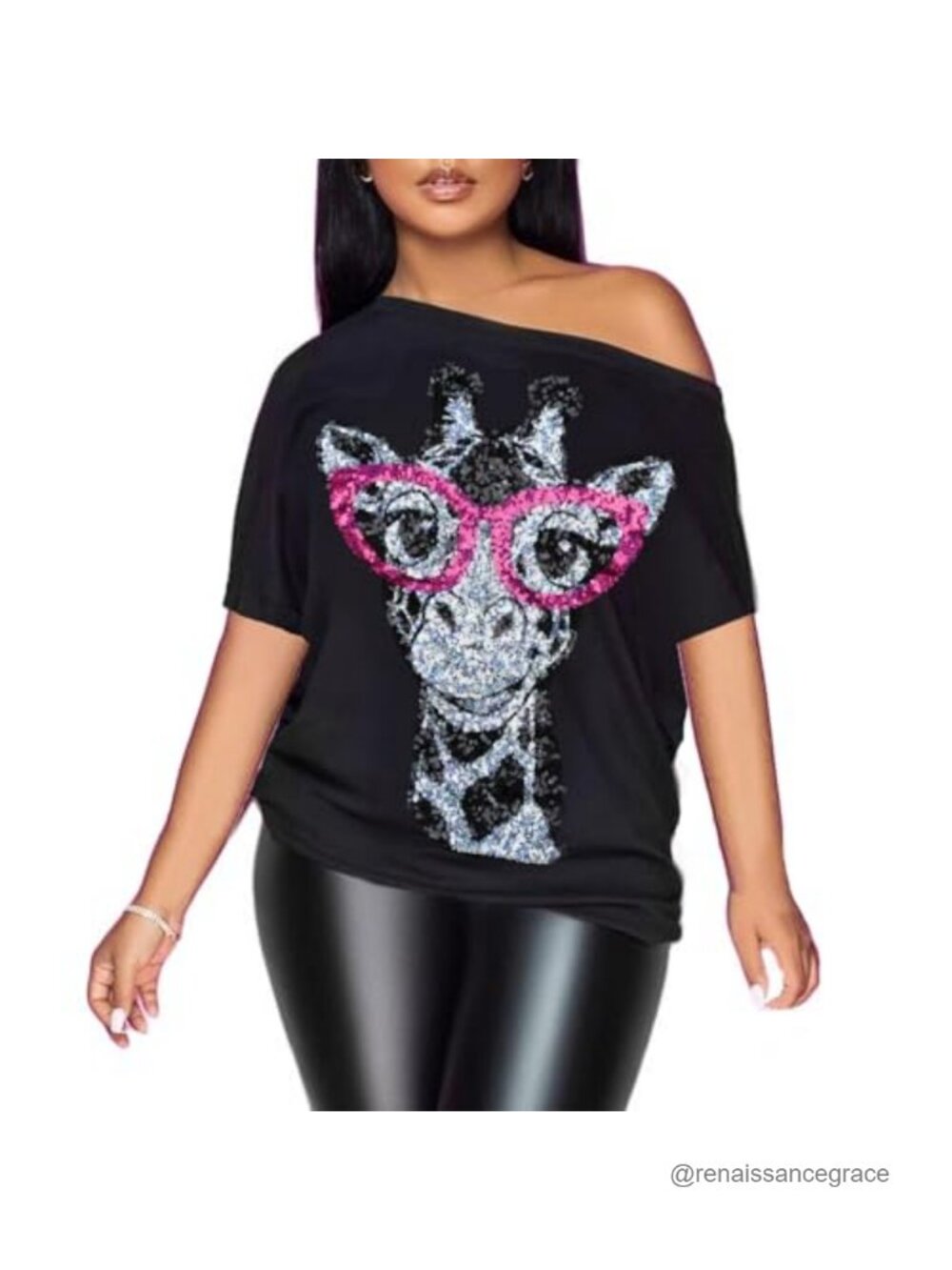 Off Shoulder Sequin Giraffe Print T-Shirt Cotton Blend Short Sleeve Party Top